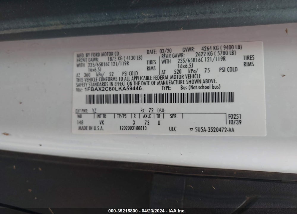 2020 FORD TRANSIT-350 PASSENGER VAN XL VIN: 1FBAX2C80LKA59446