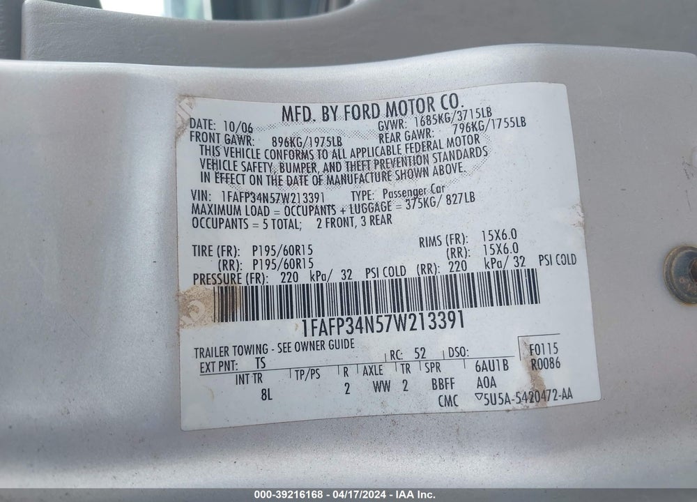2007 FORD FOCUS S/SE/SES VIN: 1FAFP34N57W213391