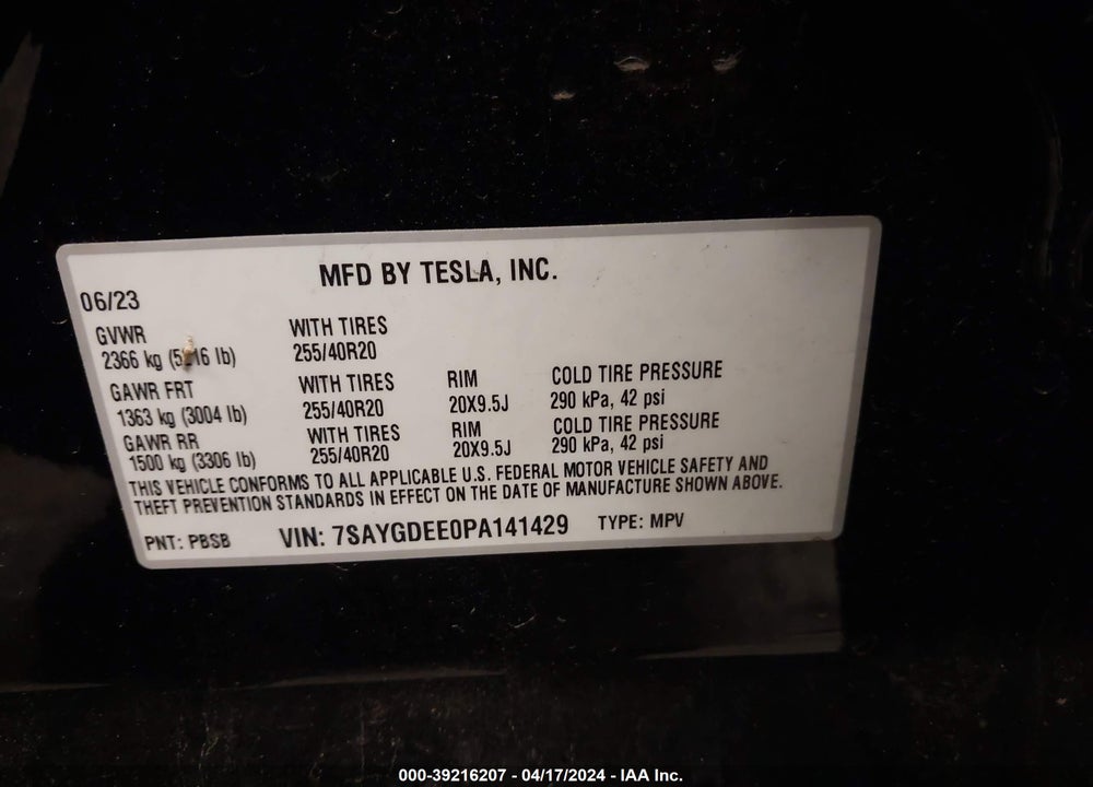 2023 TESLA MODEL Y AWD/LONG RANGE DUAL MOTOR ALL-WHEEL DRIVE VIN: 7SAYGDEE0PA141429