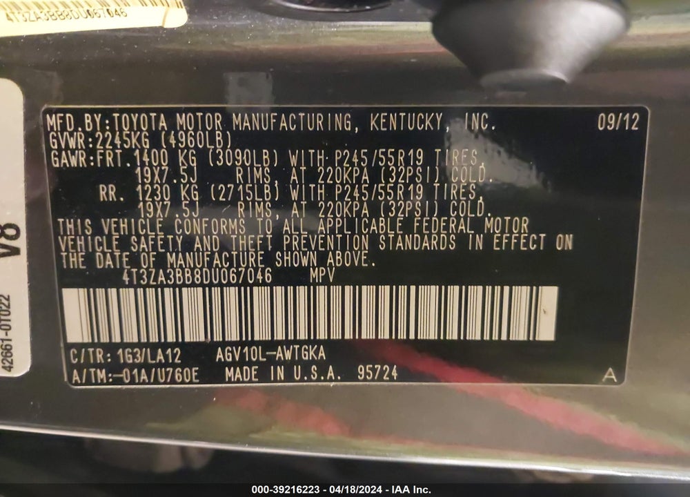2013 TOYOTA VENZA XLE VIN: 4T3ZA3BB8DU067046