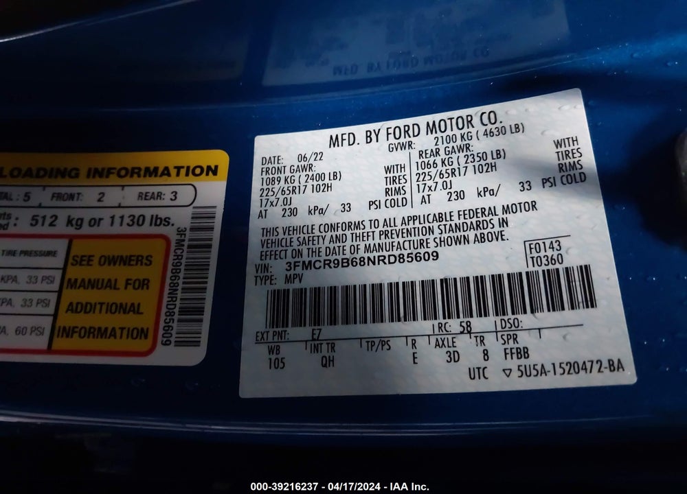 2022 FORD BRONCO SPORT BIG BEND VIN: 3FMCR9B68NRD85609