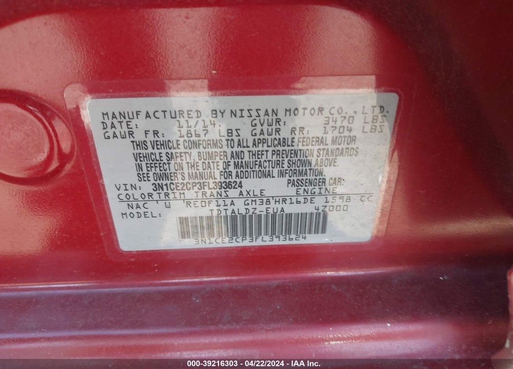 2015 NISSAN VERSA NOTE S (SR)/S PLUS/SL/SR/SV VIN: 3N1CE2CP3FL393624