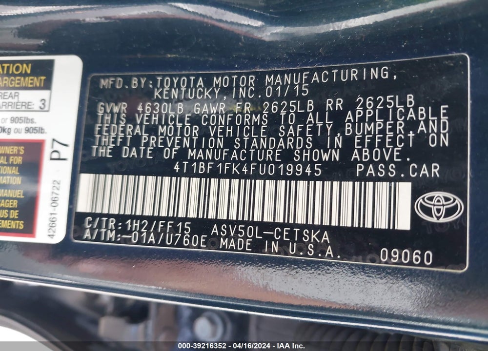 2015 TOYOTA CAMRY LE/SE/XLE/XSE VIN: 4T1BF1FK4FU019945