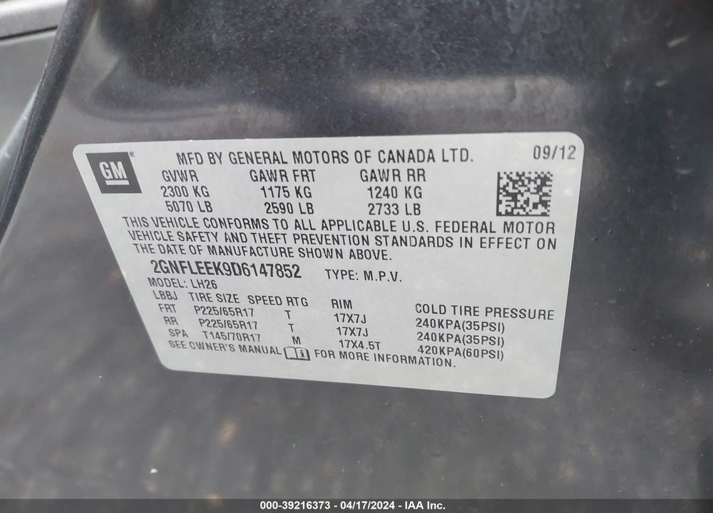 2013 CHEVROLET EQUINOX 1LT VIN: 2GNFLEEK9D6147852