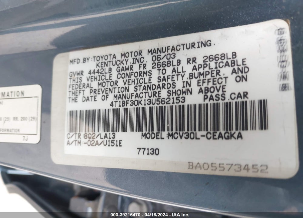 2003 TOYOTA CAMRY XLE V6 VIN: 4T1BF30K13U562153
