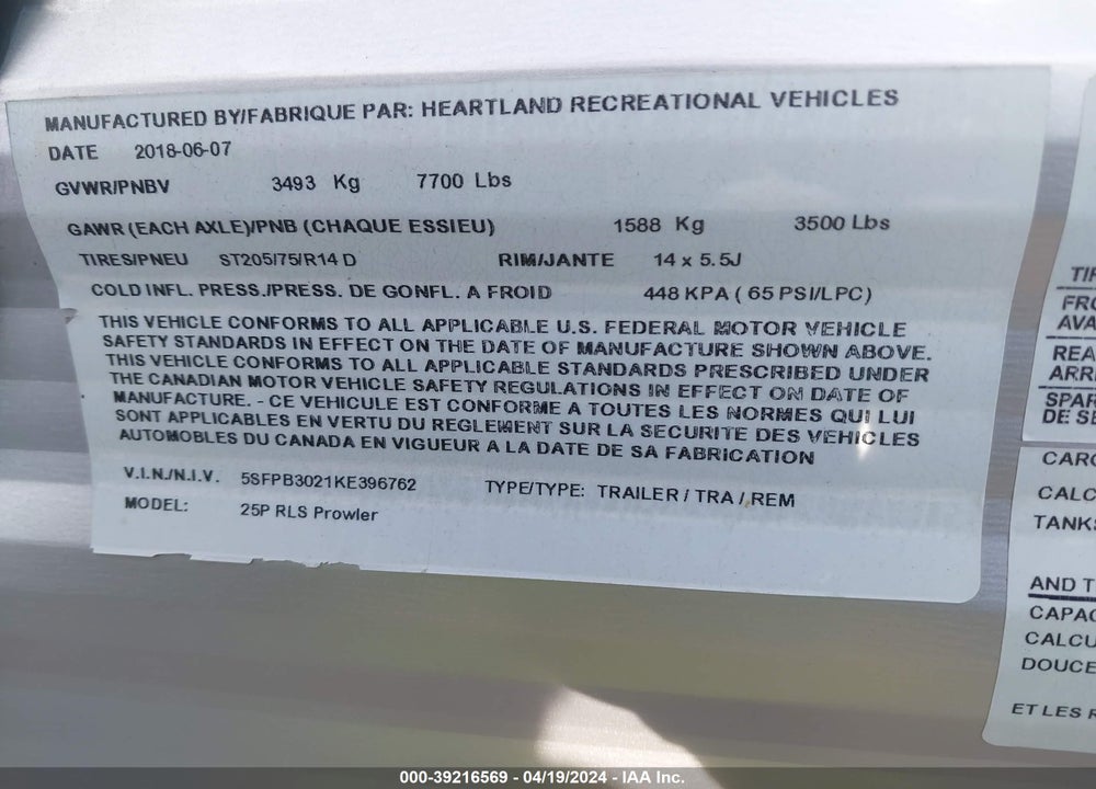 2019 HEARTLAND OTHER VIN: 5SFPB3021KE396762