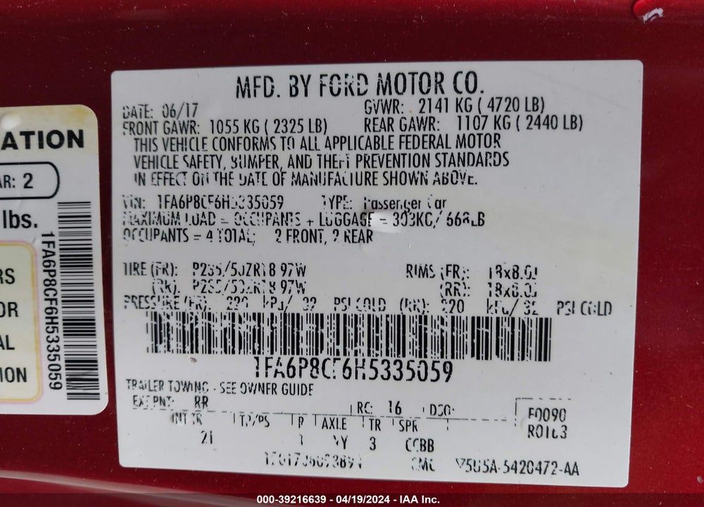 2017 FORD MUSTANG GT VIN: 1FA6P8CF6H5335059