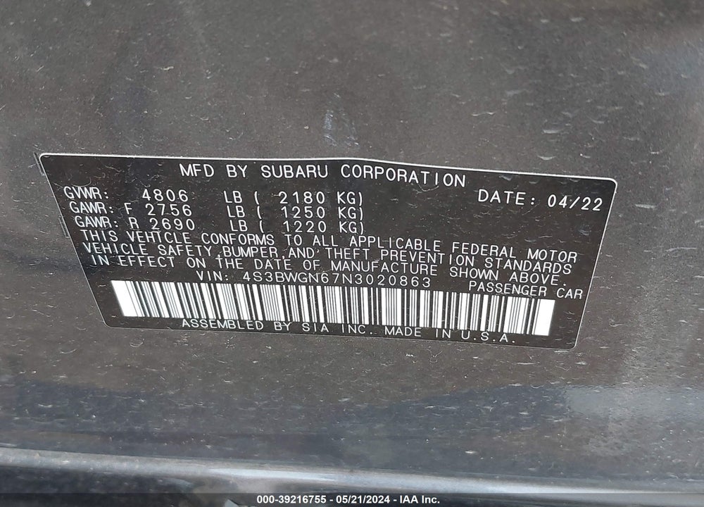 2022 SUBARU LEGACY LIMITED XT VIN: 4S3BWGN67N3020863