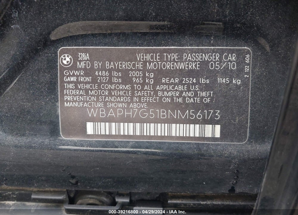 2011 BMW 3 SERIES VIN: WBAPH7G51BNM56173