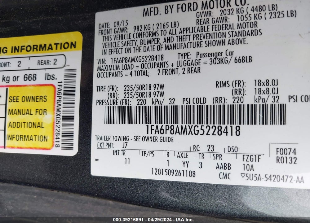 2016 FORD MUSTANG VIN: 1FA6P8AMXG5228418