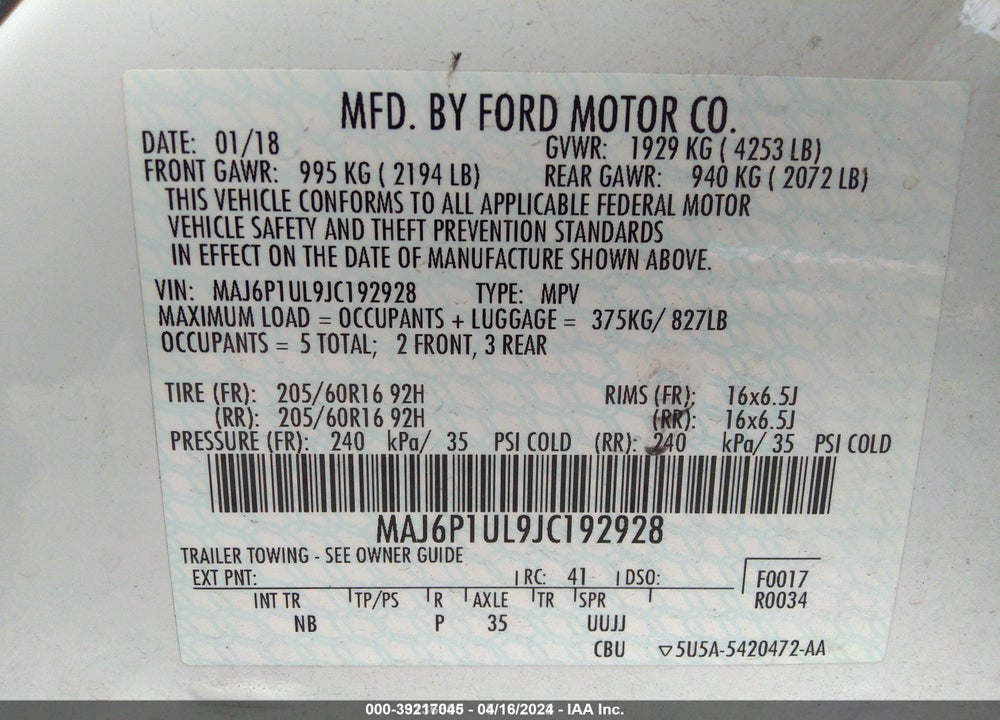 2018 FORD ECOSPORT SE VIN: MAJ6P1UL9JC192928