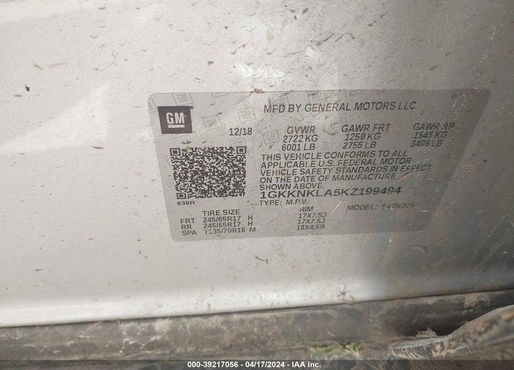 2019 GMC ACADIA SLE-1 VIN: 1GKKNKLA5KZ199494
