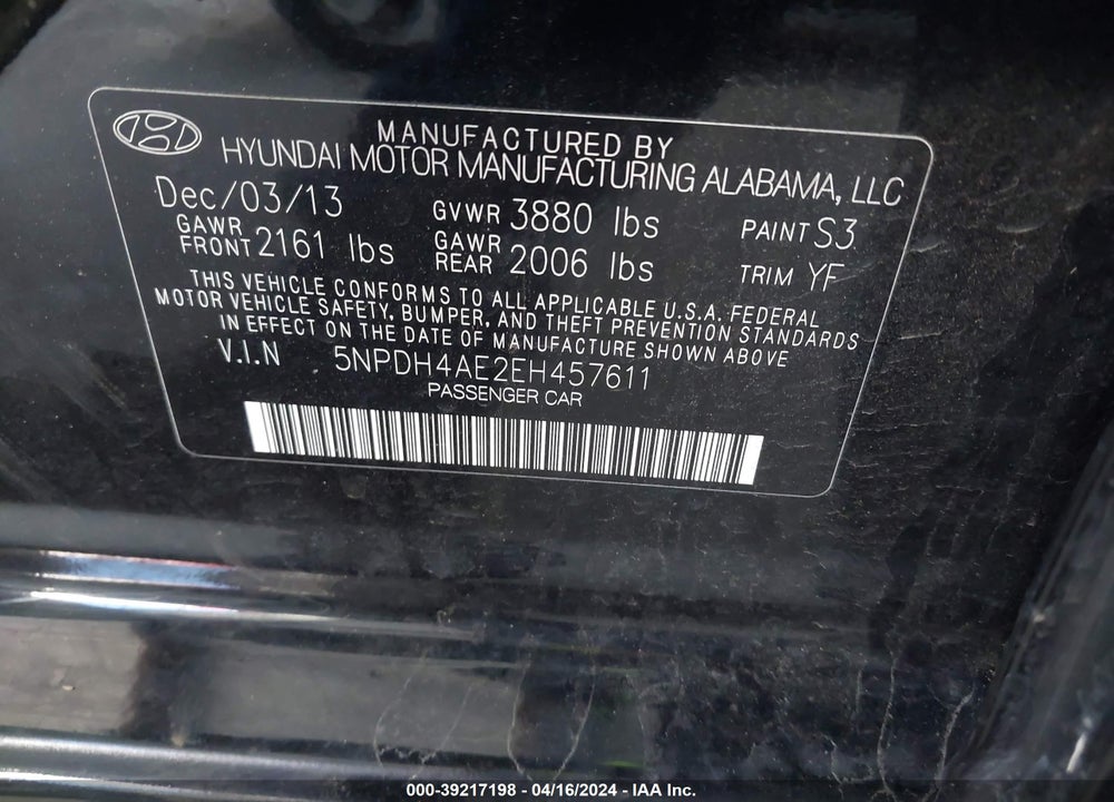 2014 HYUNDAI ELANTRA LIMITED VIN: 5NPDH4AE2EH457611
