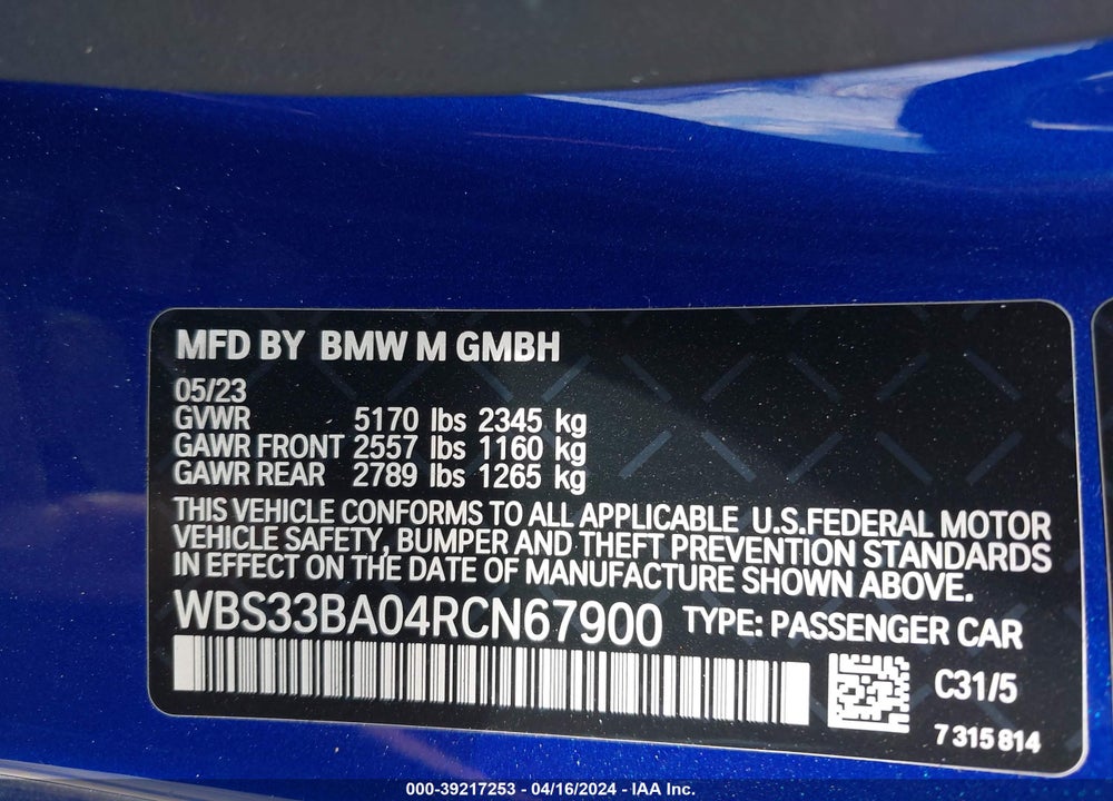 2024 BMW M4 COMPETITION XDRIVE VIN: WBS33BA04RCN67900