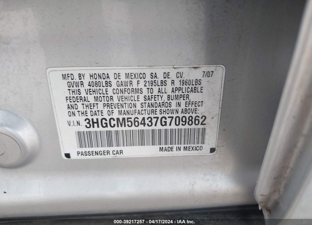 2007 HONDA ACCORD 2.4 LX VIN: 3HGCM56437G709862