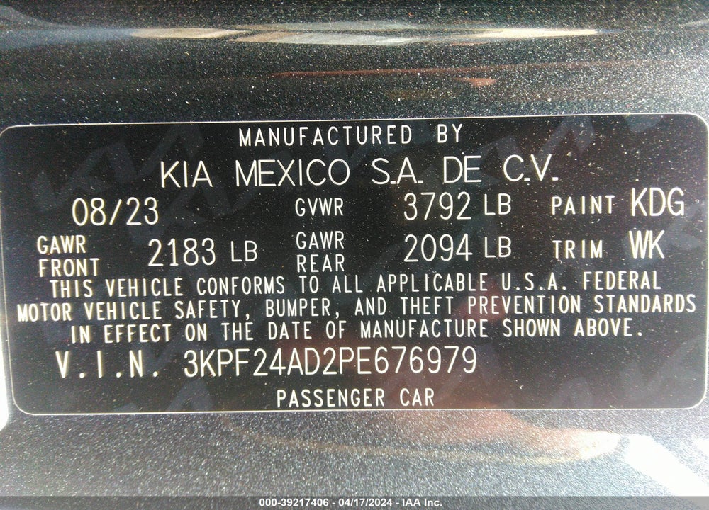 2023 KIA FORTE LX VIN: 3KPF24AD2PE676979
