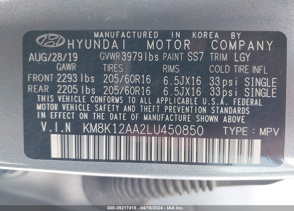 2020 HYUNDAI KONA SE VIN: KM8K12AA2LU450850