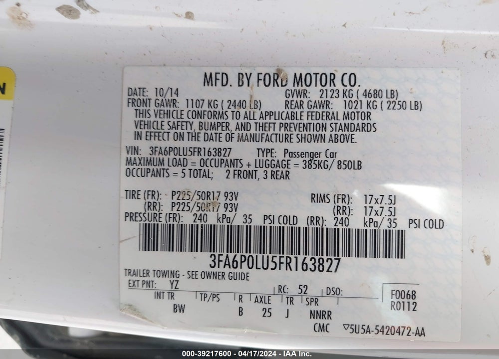 2015 FORD FUSION HYBRID SE VIN: 3FA6P0LU5FR163827