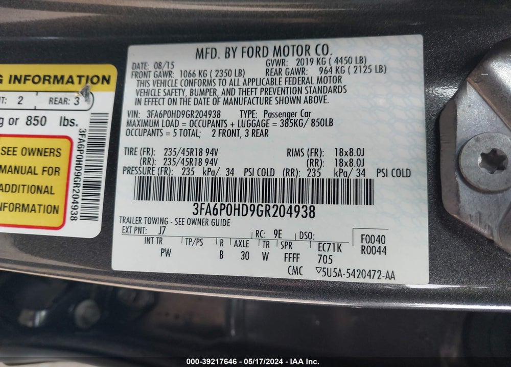 2016 FORD FUSION VIN: 3FA6P0HD9GR204938