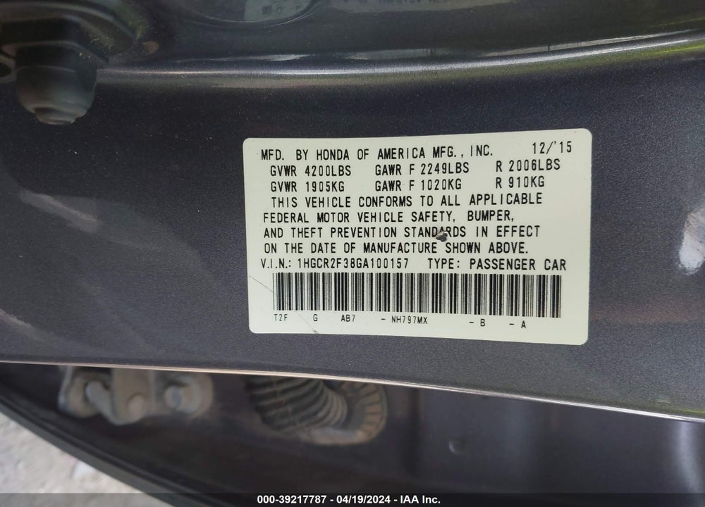 2016 HONDA ACCORD LX VIN: 1HGCR2F38GA100157