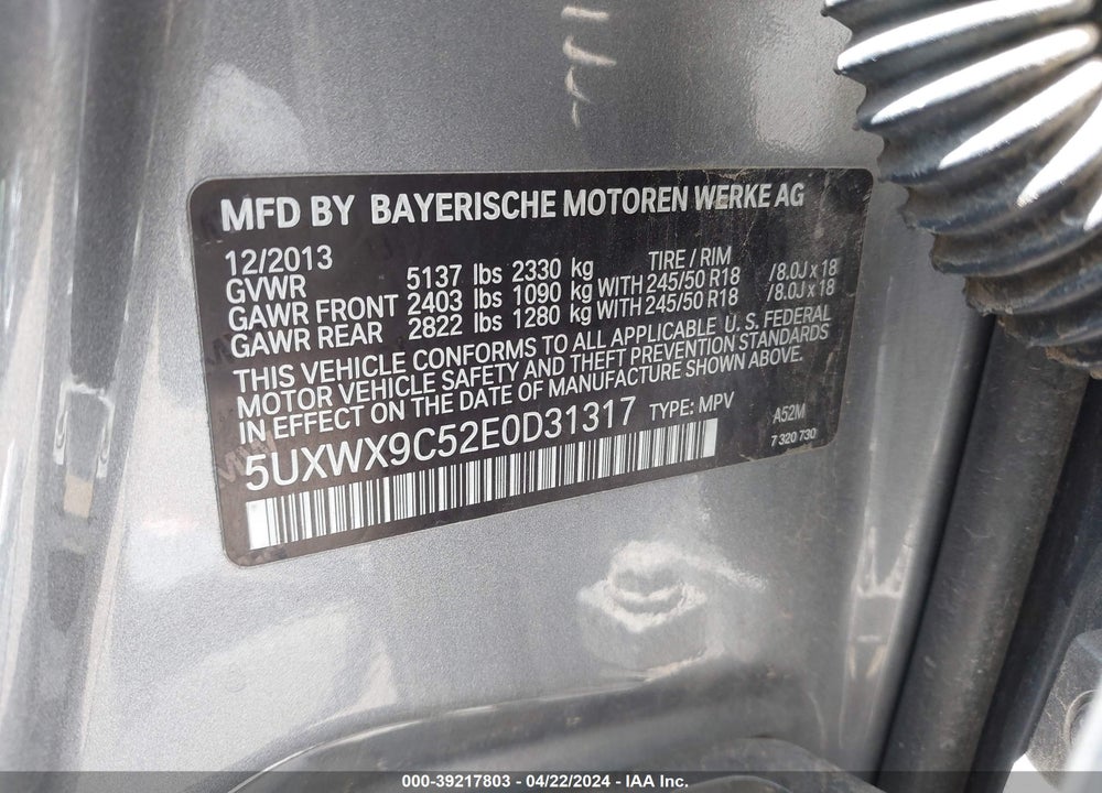 2014 BMW X3 XDRIVE28I VIN: 5UXWX9C52E0D31317