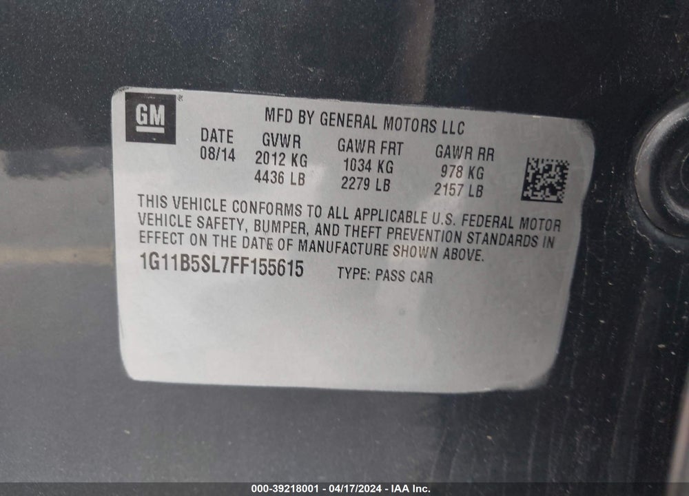 2015 CHEVROLET MALIBU LS VIN: 1G11B5SL7FF155615