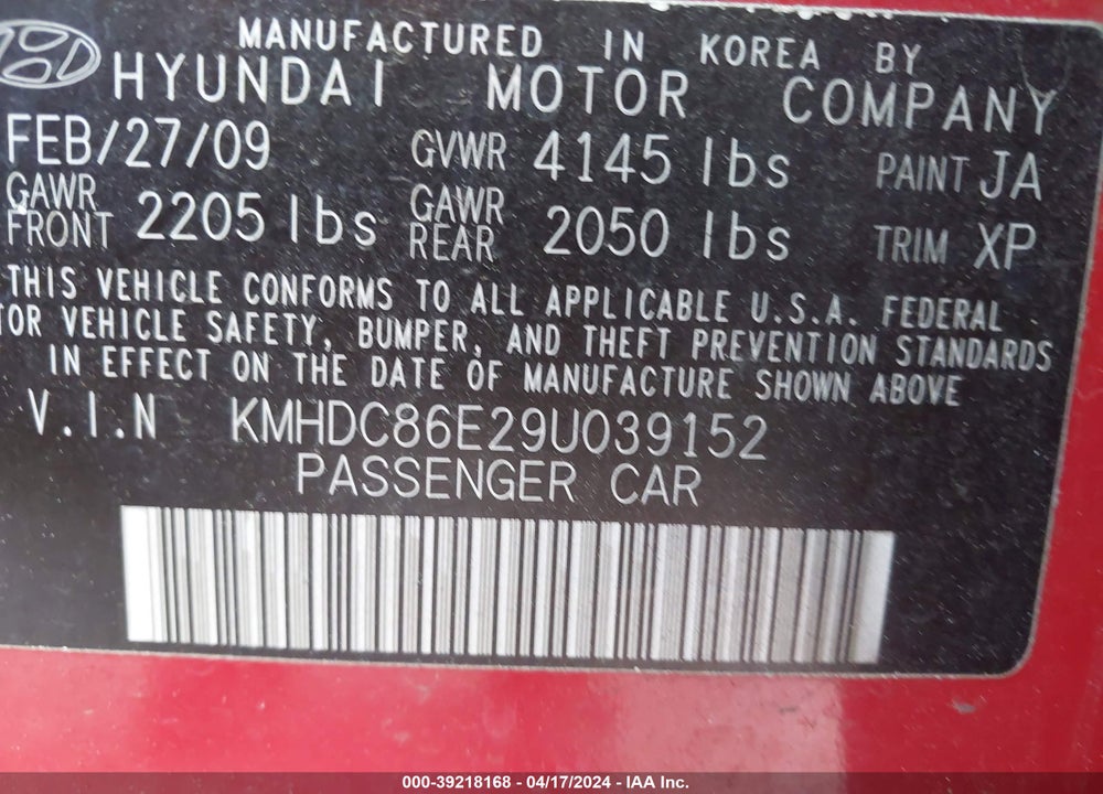 2009 HYUNDAI ELANTRA TOURING VIN: KMHDC86E29U039152