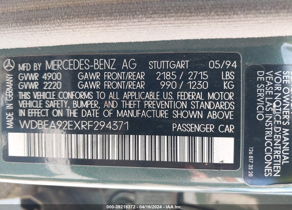 1994 MERCEDES-BENZ E 320 VIN: WDBEA92EXRF294371