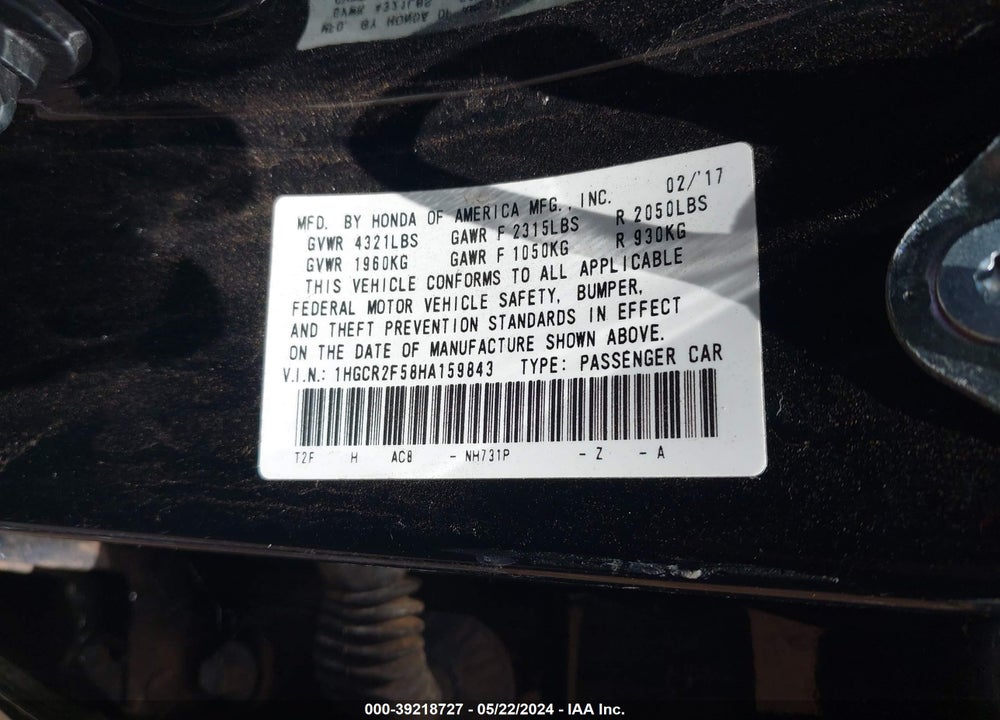 2017 HONDA ACCORD SPORT VIN: 1HGCR2F58HA159843