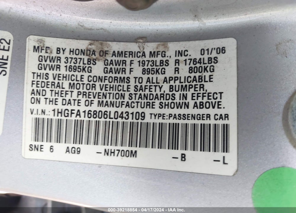 2006 HONDA CIVIC VIN: 1HGFA16806L043109