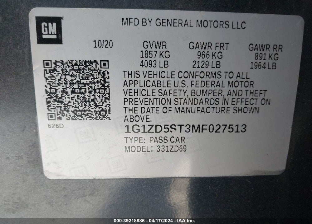 2021 CHEVROLET MALIBU FWD LT VIN: 1G1ZD5ST3MF027513