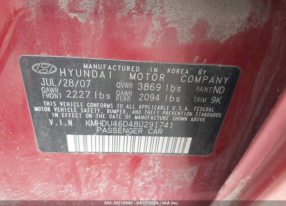2008 HYUNDAI ELANTRA VIN: KMHDU46D48U291741