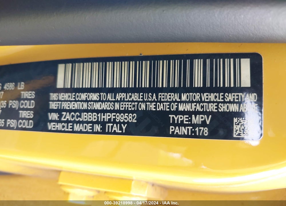 2017 JEEP RENEGADE LATITUDE 4X4 VIN: ZACCJBBB1HPF99582