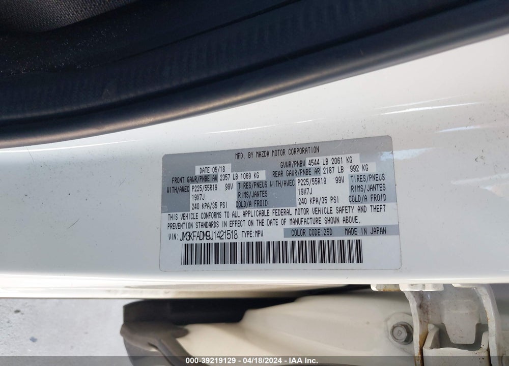 2018 MAZDA CX-5 GRAND TOURING VIN: JM3KFADM9J1421518