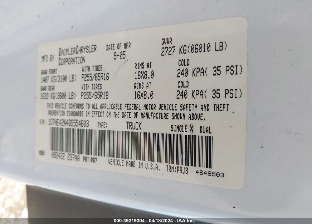 2006 DODGE DAKOTA VIN: 1D7HE42N46S554603