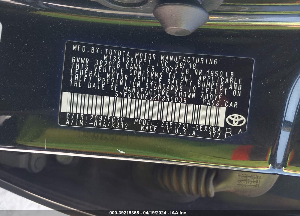 2019 TOYOTA COROLLA SE VIN: 5YFBURHE5KP880039