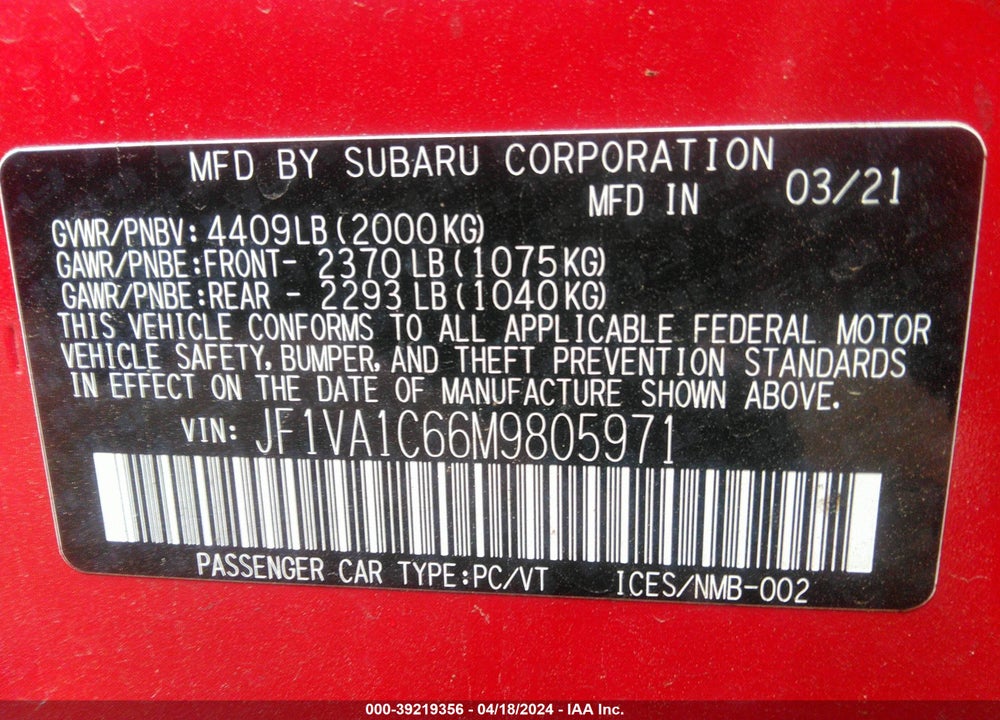 2021 SUBARU WRX PREMIUM VIN: JF1VA1C66M9805971