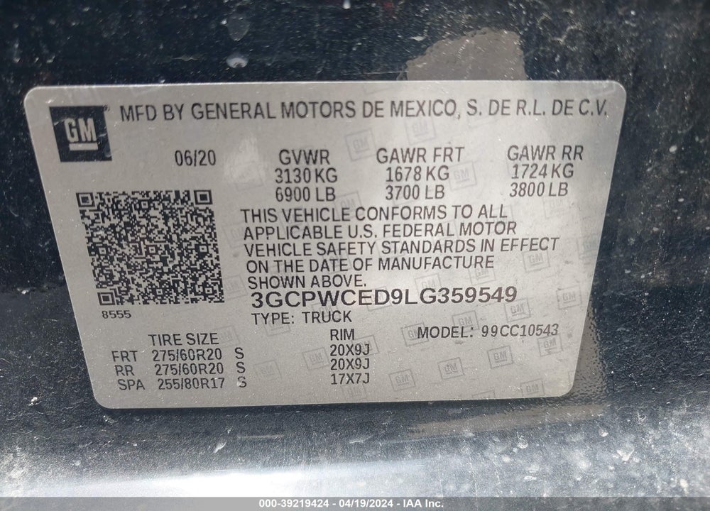 2020 CHEVROLET SILVERADO 1500 2WD SHORT BED LT VIN: 3GCPWCED9LG359549
