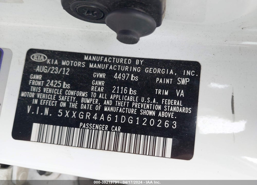 2013 KIA OPTIMA SX VIN: 5XXGR4A61DG120263