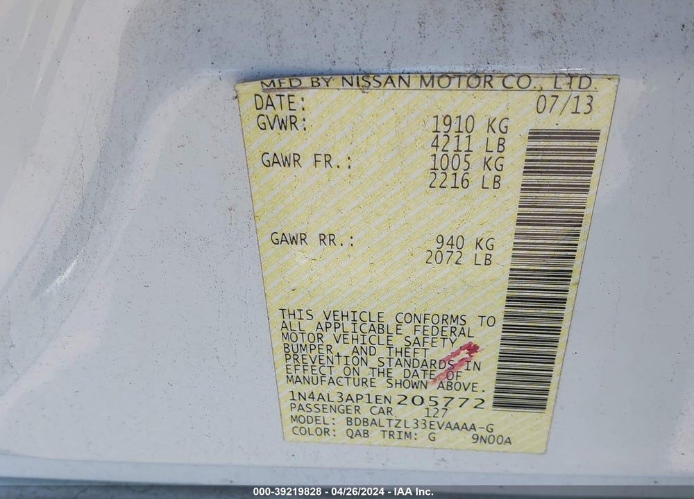 2014 NISSAN ALTIMA 2.5 SV VIN: 1N4AL3AP1EN205772