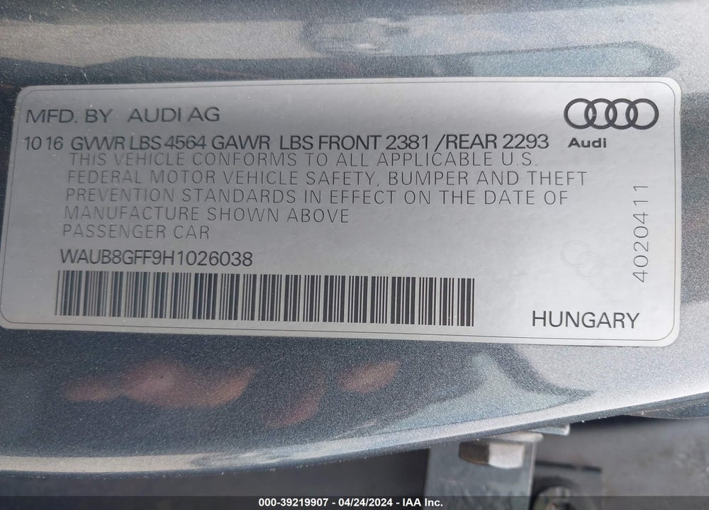2017 AUDI A3 2.0T PREMIUM VIN: WAUB8GFF9H1026038