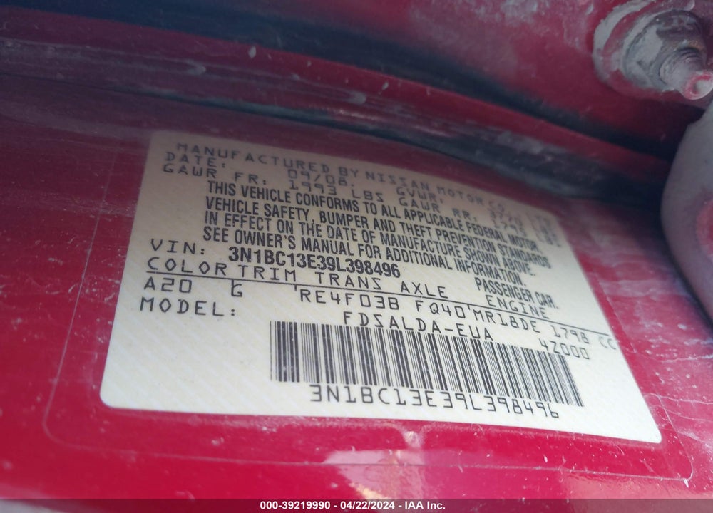 2009 NISSAN VERSA 1.8S VIN: 3N1BC13E39L398496