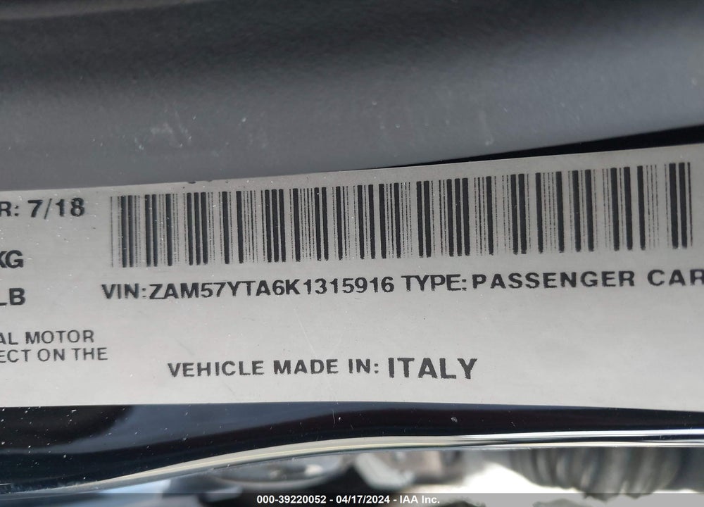 2019 MASERATI GHIBLI S Q4 VIN: ZAM57YTA6K1315916