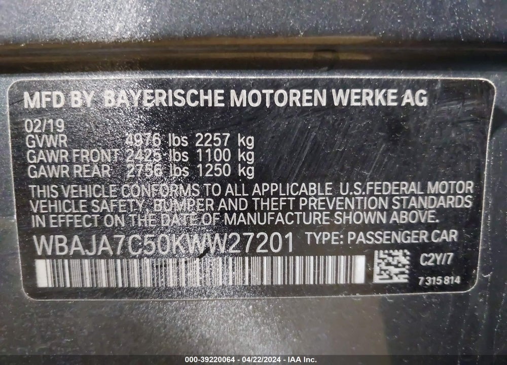 2019 BMW 530I XDRIVE VIN: WBAJA7C50KWW27201