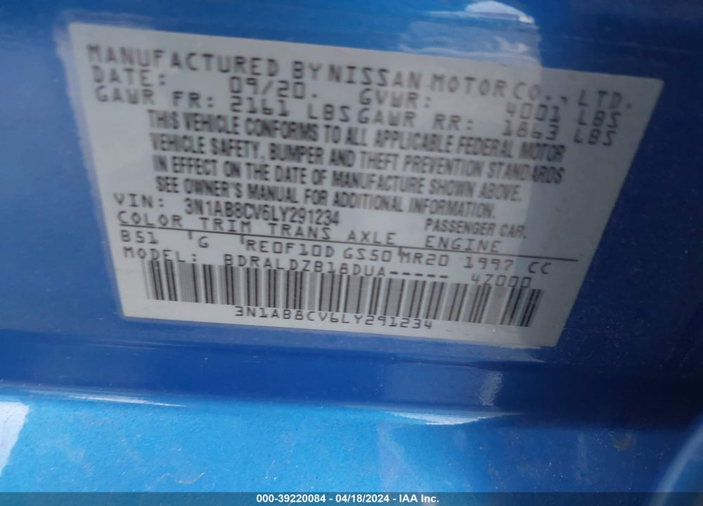 2020 NISSAN SENTRA SV XTRONIC CVT VIN: 3N1AB8CV6LY291234