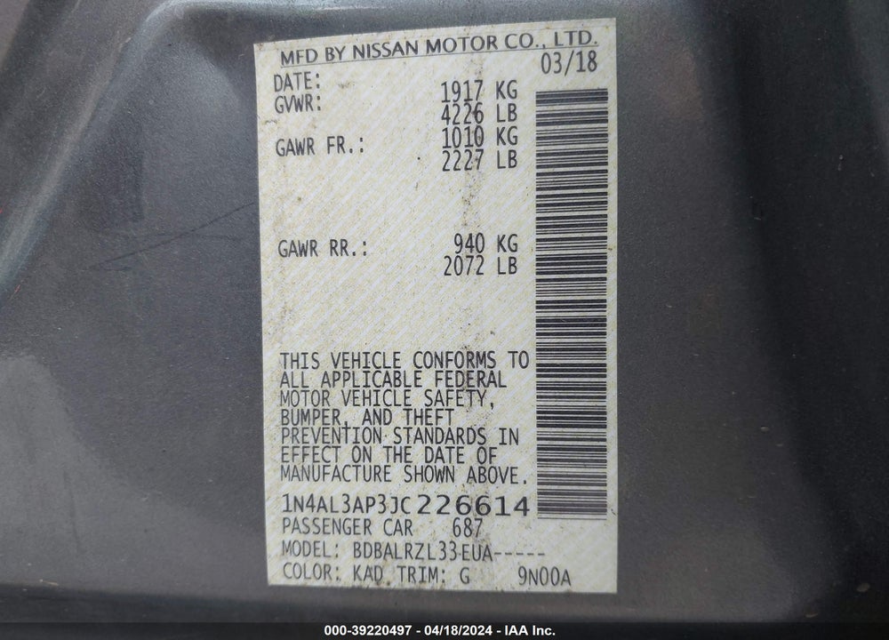 2018 NISSAN ALTIMA 2.5 SL VIN: 1N4AL3AP3JC226614