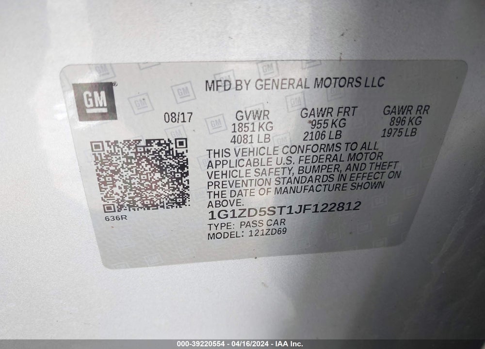 2018 CHEVROLET MALIBU LT VIN: 1G1ZD5ST1JF122812