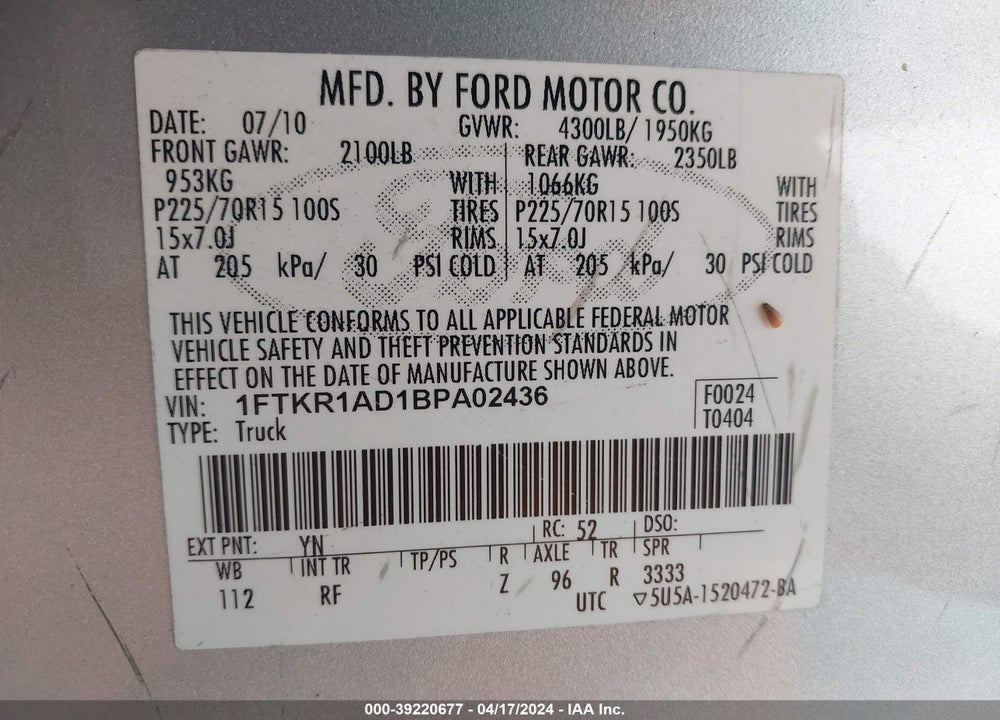 2011 FORD RANGER XL VIN: 1FTKR1AD1BPA02436