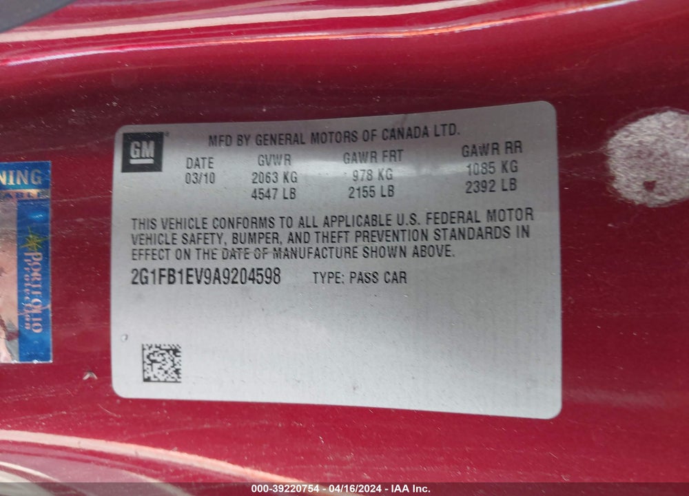 2010 CHEVROLET CAMARO 1LT VIN: 2G1FB1EV9A9204598