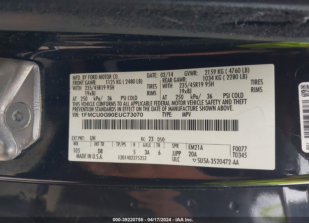 2014 FORD ESCAPE SE VIN: 1FMCU0G90EUC73070